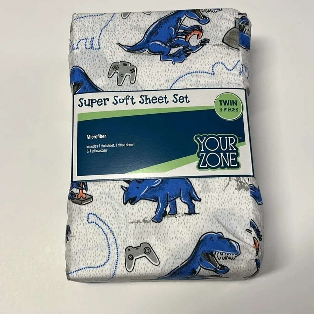 🆕 Gaming Dinosaur Sheets Twin Set in Velcro Storage Bag Blue White